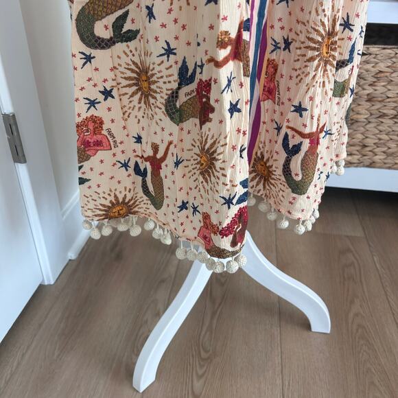 FARM RIO Anthopologie Boho Fringed Pom Pom Long Beach Coverup Womens Size Medium - Picture 3 of 7